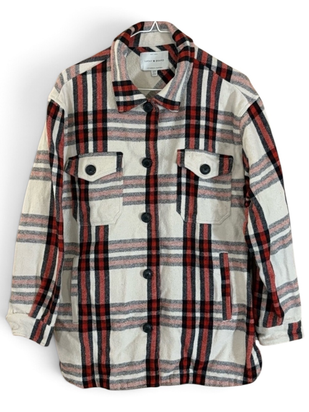 Lucky Brand Cream and Red Plaid Flannel Heavyweight Shirt Jacket